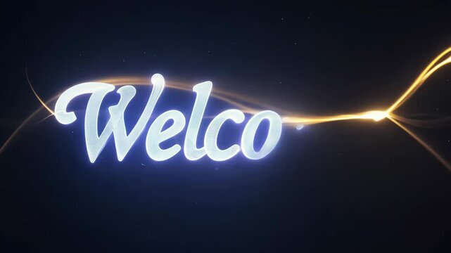 Dynamic reveal of glowing welcome sign with dazzling light trail animation. Animated text "Welcome" on a dark background