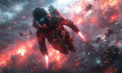 Astronaut descends through fiery space debris.