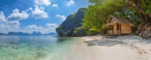 A peaceful coastal setting with a traditional bamboo hut on the beach © seksun