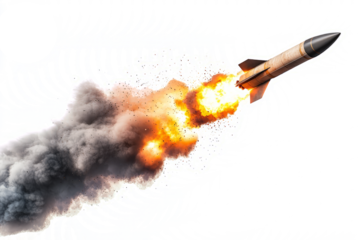 Powerful rocket launch with glowing fire and dark gray smoke trail, isolated on white background