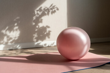 Soft pink ball for pilates on pink sport mat with sun shadows on background. Equipment for home workout 