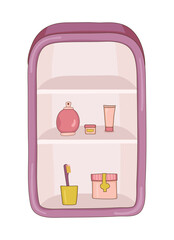 Cabinet with shelves in cartoon style. Shelf, bookcase, bathroom cabinet. Isolated on white background. Decor for storage. Illustrations for a furniture store. hand drawn. Vector illustration.