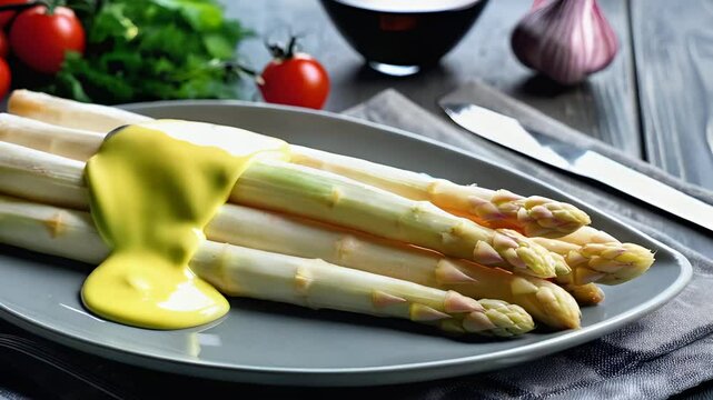 Frischer wei&szlig;er Spargel auf einem Teller wird mit Sauce hollandaise &uuml;bergossen 