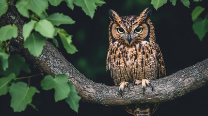 Fototapeta premium Majestic owl perched on branch, forest background, wildlife photography