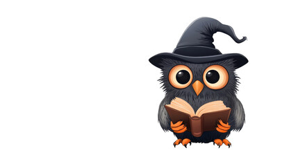 Cute cartoon owl wearing wizard hat reading a magic book on transparent background