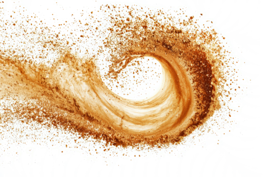 Swirling sand explosion creating dynamic shapes and patterns, golden hues, white background