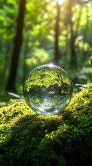 A crystal ball reflecting a vibrant green forest landscape scenery