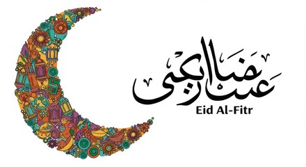 Fototapeta premium A design for Eid a large colorful crescent moon decorated with various patterns and symbols including lanterns and flowers there is elegant Arabic calligraphy written in black reads Eid Al-Fitr