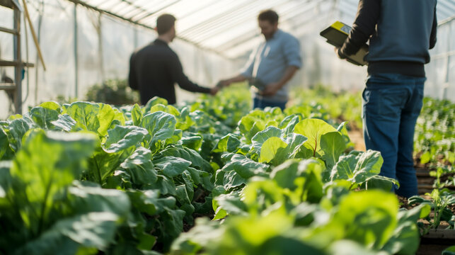 Collaboration between farmers in a greenhouse during the growing season in daylight - Powered by Adobe