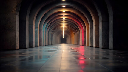 Obraz premium A long corridor featuring arches and a line of lights
