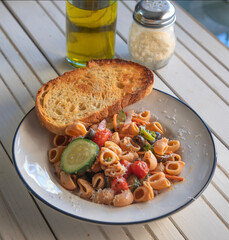 Side view of  pasta  salad .