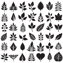 set of black silhouettes of leaves