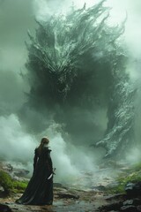 Brave warrior faces colossal green beast, misty landscape.