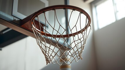 An indoor basketball hoop showcasing its net and wooden frame, inviting players for thrilling games and skillful shots in a gym environment.   
