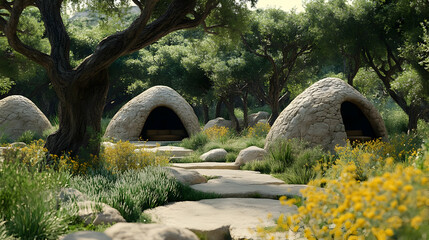 Fototapeta premium Stone Shelters in a Sunlit Mediterranean Garden
