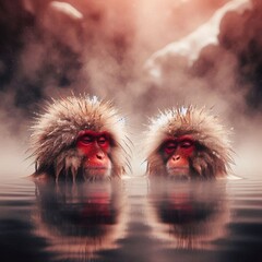 Fototapeta premium Snow Monkeys Enjoying a Hot Spring