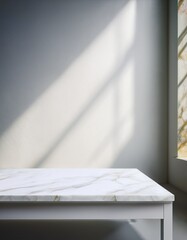 Luxury white marble table surface vertical background with natural light shadows on white wall for product placement and advertisement