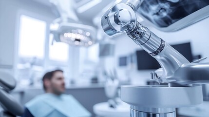 Close up of a dental X ray machine in action with a patient sitting comfortably in a modern clinic