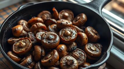 Fototapeta premium A close-up of sautéed brown mushrooms in a skillet, showcasing a delicious and healthy dish perfect for any gourmet meal. 