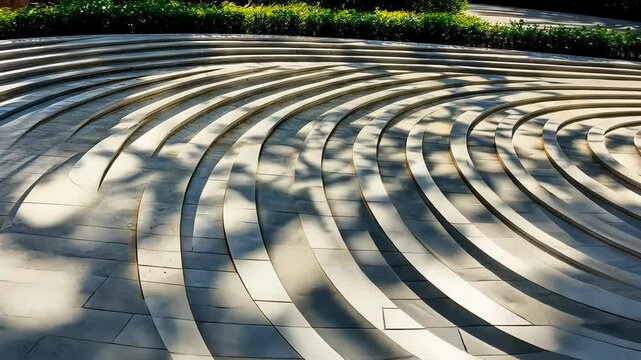 Sunlight casts moving shadows on a set of concentric circular steps