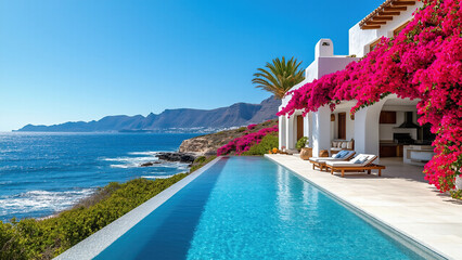 Fototapeta premium A luxurious white villa with an infinity pool overlooks the blue ocean and distant mountains, surrounded by vibrant pink bougainvillea flowers.