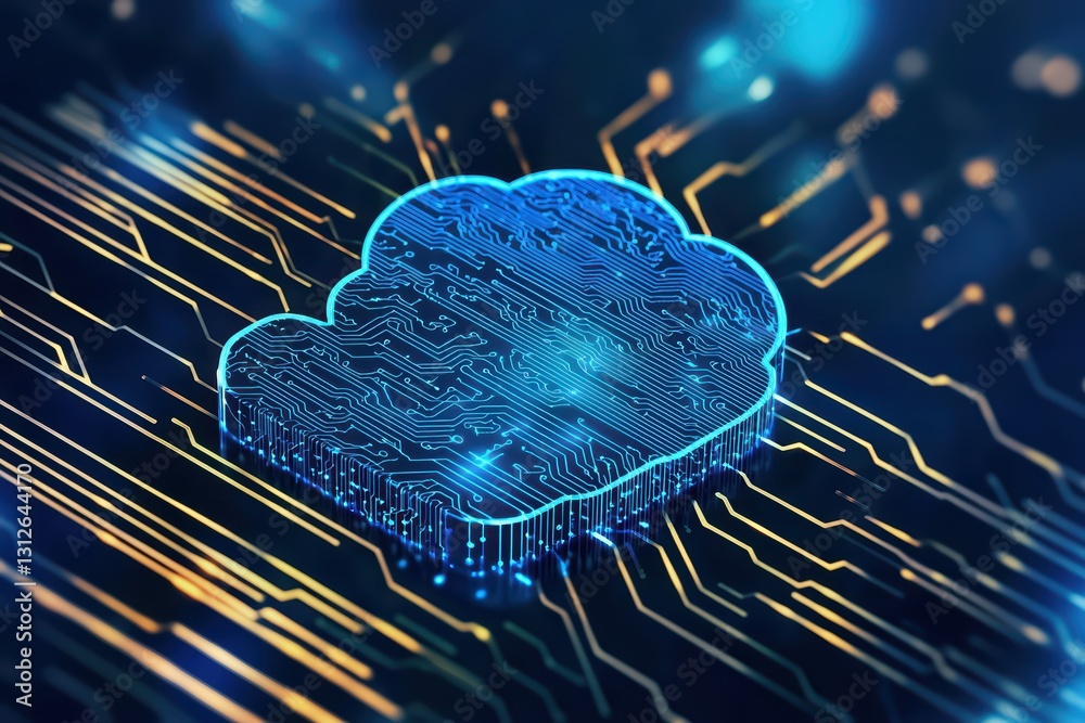 Poster digital cloud computing concept with circuit board background for data visualization and ai