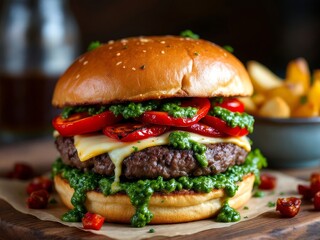 Delicious Gourmet Burger with Pesto and Roasted Peppers