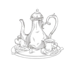 Hand drawn vintage, vector illustration of a coffee pot and cups in engraving style. Isolated black and white artwork with fine lines. For coffee shop branding, packaging, menus, prints and retro art