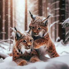 Fototapeta premium The Winter Games of Two Lynxes