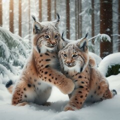Fototapeta premium Playful Wildcats in a Frozen Forest