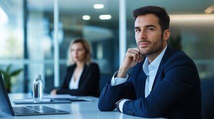 Businessman in a Formal Meeting with a Colleague, professional millennial sits at a sleek conference table with a female business partner.