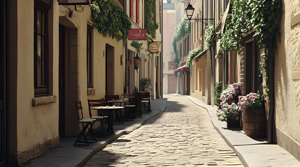 Obraz premium Sunlit Cobblestone Alleyway in European City