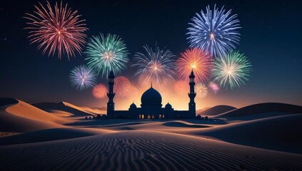 Desert Mosque Fireworks Festive Night Landscape