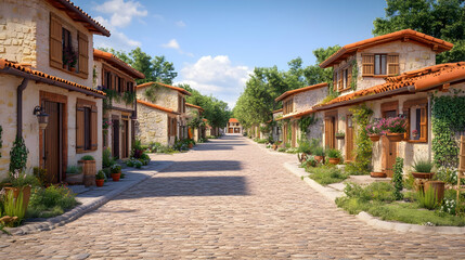 Fototapeta premium Sunlit Cobblestone Street in a Mediterranean Village