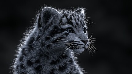 Obraz premium Snow Leopard Cub Portrait, Dark Background, Wildlife Conservation