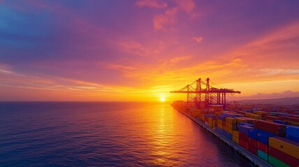 Obraz premium A stunning sunset illuminates a container terminal next to the ocean