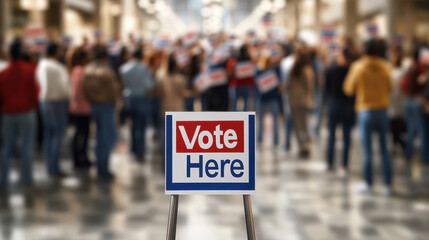 Crowd voting at ballot box with vote here sign public space political event indoor eye-level civic engagement