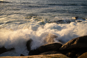 Golden waves surging against rocky coastline at punta faxilda, galicia, spain, generating dramatic...