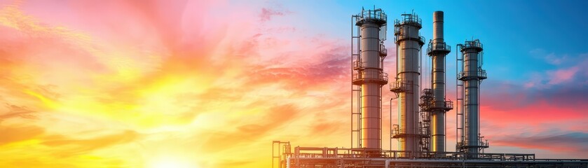 Fototapeta premium Industrial Steel Production Facility with Smokestacks Under a Colorful Sunset Sky