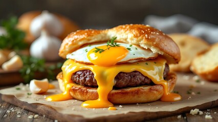 Delicious Melted Cheese and Egg Breakfast Burger