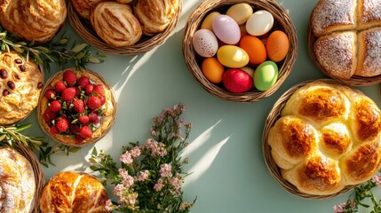 Easter basket collection with colorful eggs and fresh baked bread for spring celebration