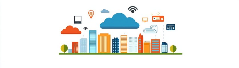 Obraz premium Conceptual Illustration of Internet of Things Network in a Connected Cityscape with Cloud Services