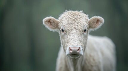 Fototapeta premium White Calf Portrait in Rainy Pasture