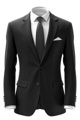 Elegant black suit displayed on a mannequin with a tie and pocket square showing formal fashion style