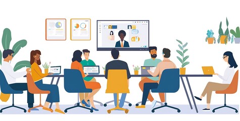 A group of business people are having an online meeting in the conference room, sitting around a table with laptops and paper documents on it, while watching each other through a 