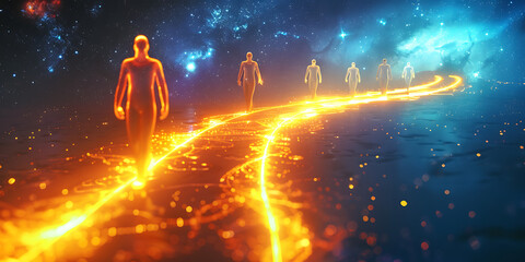 Ethereal Light Path Guiding Figures Through a Starry Realm
