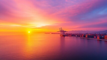 Naklejka premium An ocean sunrise paints the sky above a bustling industrial port