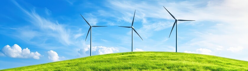 Fototapeta premium Wind Turbines Generating Renewable Energy on a Green Hill Under a Clear Blue Sky