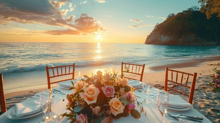 A beautifully set table on a beach at sunset, perfect for a romantic dinner or wedding celebration.