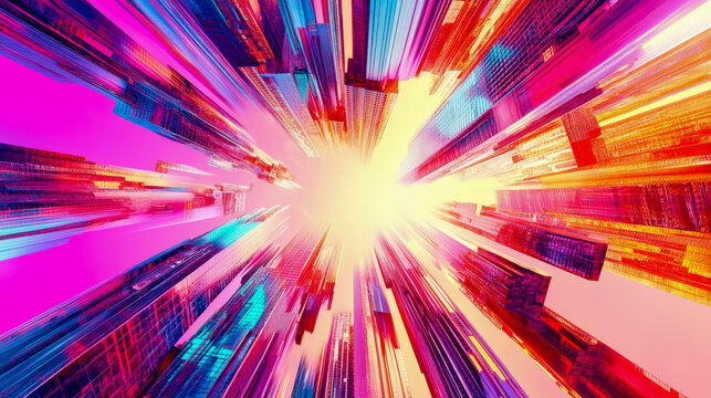 Chromatic Cityscape: An upward gaze into a futuristic metropolis of vivid structures with a radiant central glow